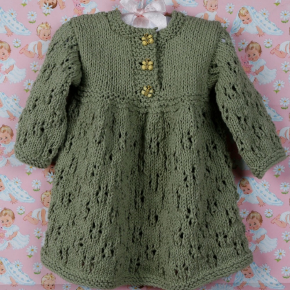 Hand Knit Cotton Long Sleeve Baby Dress 12-18 mos